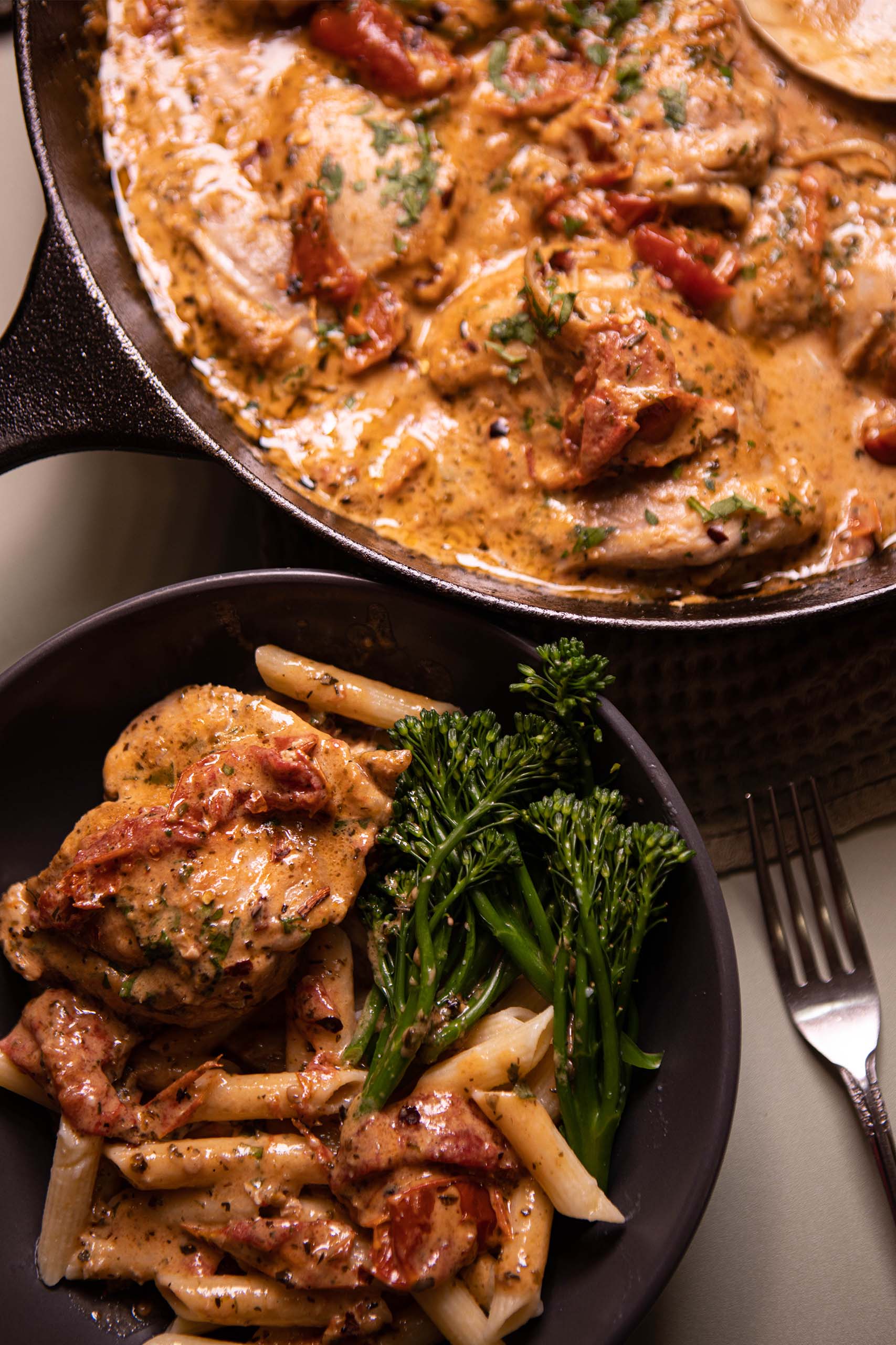 chicken dish serve with pasta